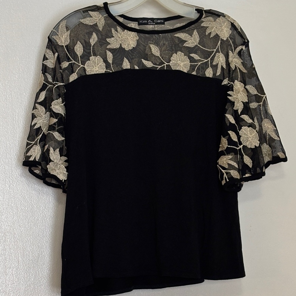 Kim & Cami Black Top with gold Floral Lace